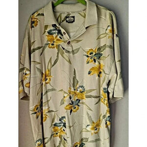Tommy Bahama Vintage Polo Shirt Mens L  Beige Floral Tropical Hawaiian Print
